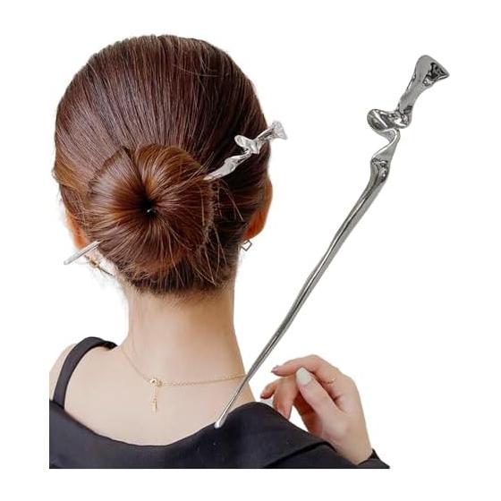Herbeluemily Kanzashi Hair Stick - Simple Metallic Chic Design for Updos, Japanese Formal & Casual Wear, Silver HM-0129-R01-SV, 17cm