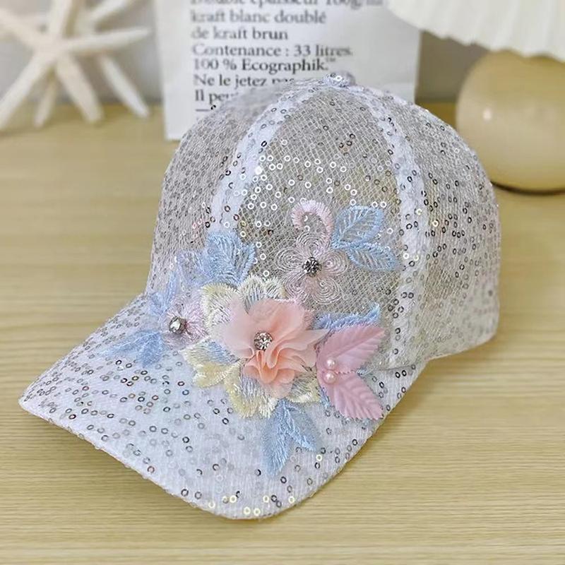 Elegant Lace-Trimmed Breathable Baseball Cap With Flower Embroidcery & Faux Pearls - Adjustable & Chic For Every Woman
