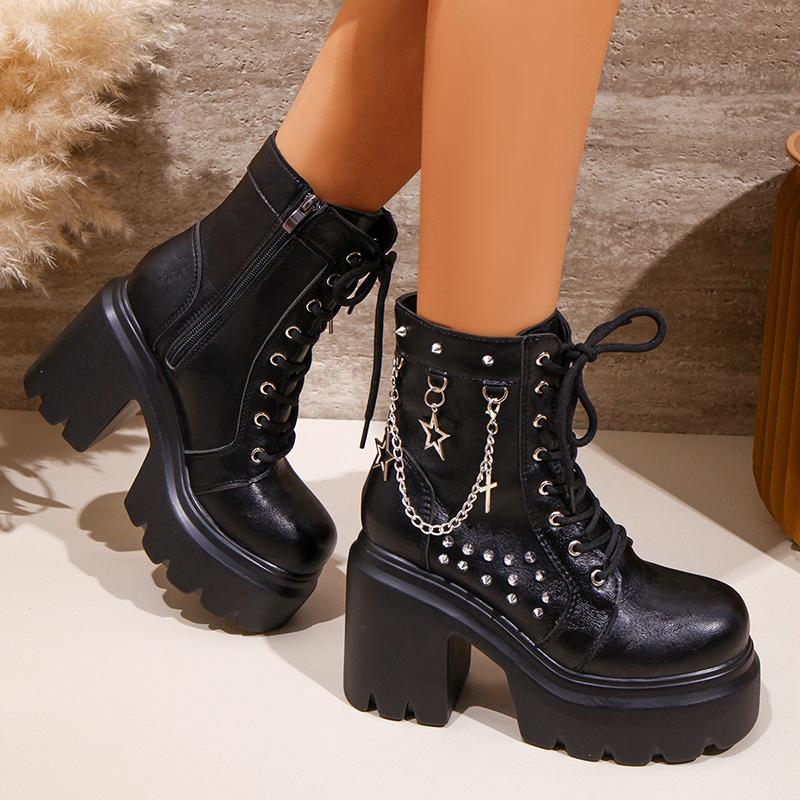 Women'S Gothic Platform Boots Punk Chunky High Heel Ankle Boots Rivet Chain Decor Black Motorcycle Booties Woman Fashion Shoes