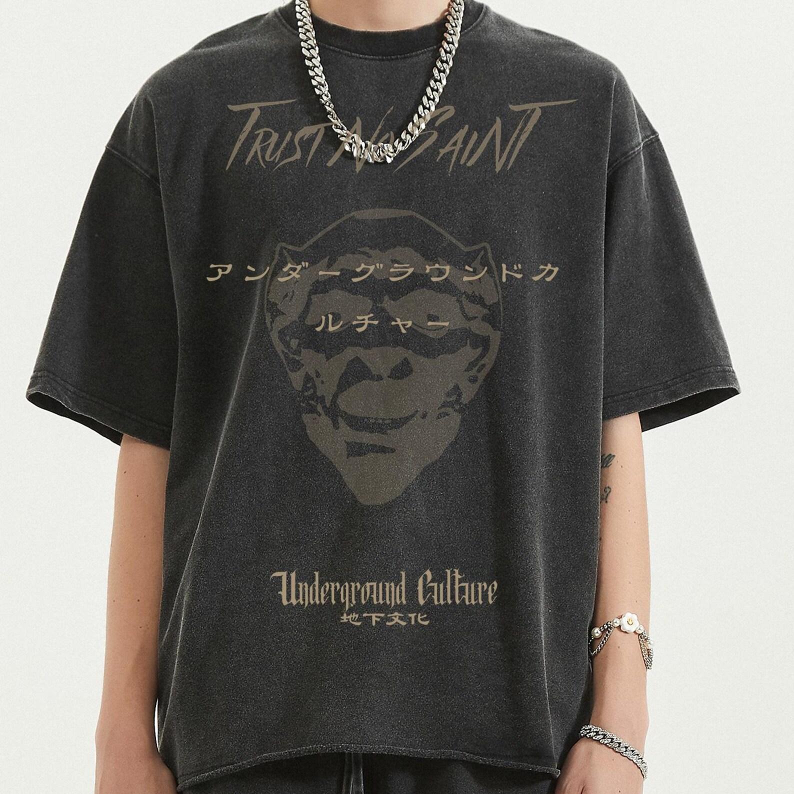Trust No Saint Japanese Vintage Streetwear T-Shirt - Heavy Cotton Oversized Tee with Japanese Lettering & Raw Hem, Premium Quality 2XL