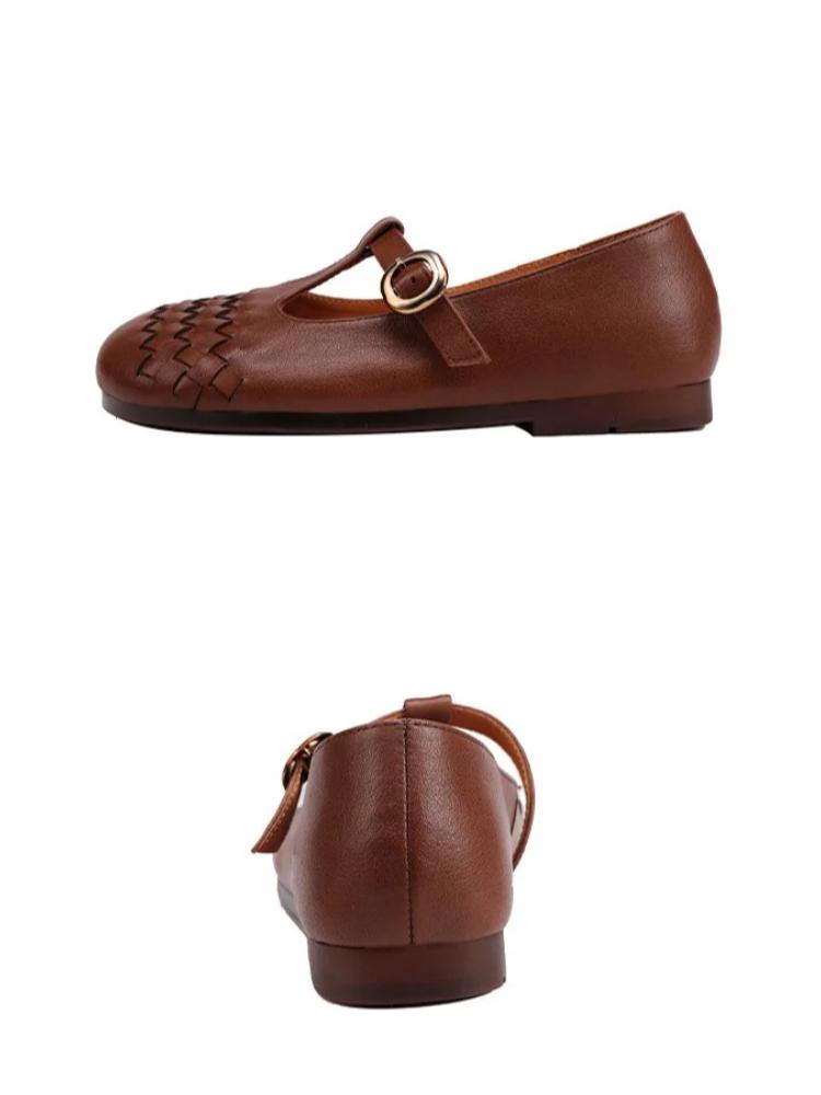 Johnature Pánské boty z pravé kůže, tkané, měkká podrážka, retro přezka, univerzální dámské baleríny