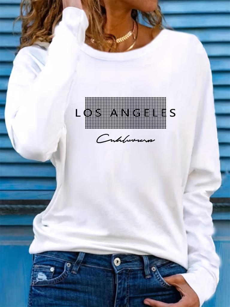 Women's Spring and Autumn 100% Polyester Casual Fashion Long Sleeve Los Angeles Letter Graphic Printed Round Neck T-shirt