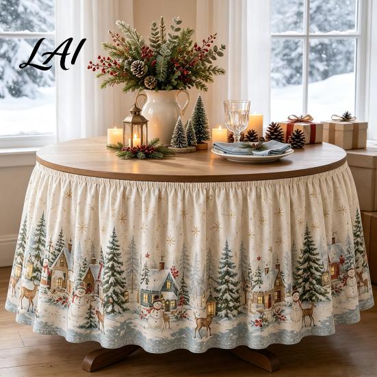 Festive Table Decor for Winter Events Christmas Skirt 70.9×29.5 Inch Round Cloth Vintage Snowy Snowman Decorations Scene Gnome Print Cover
