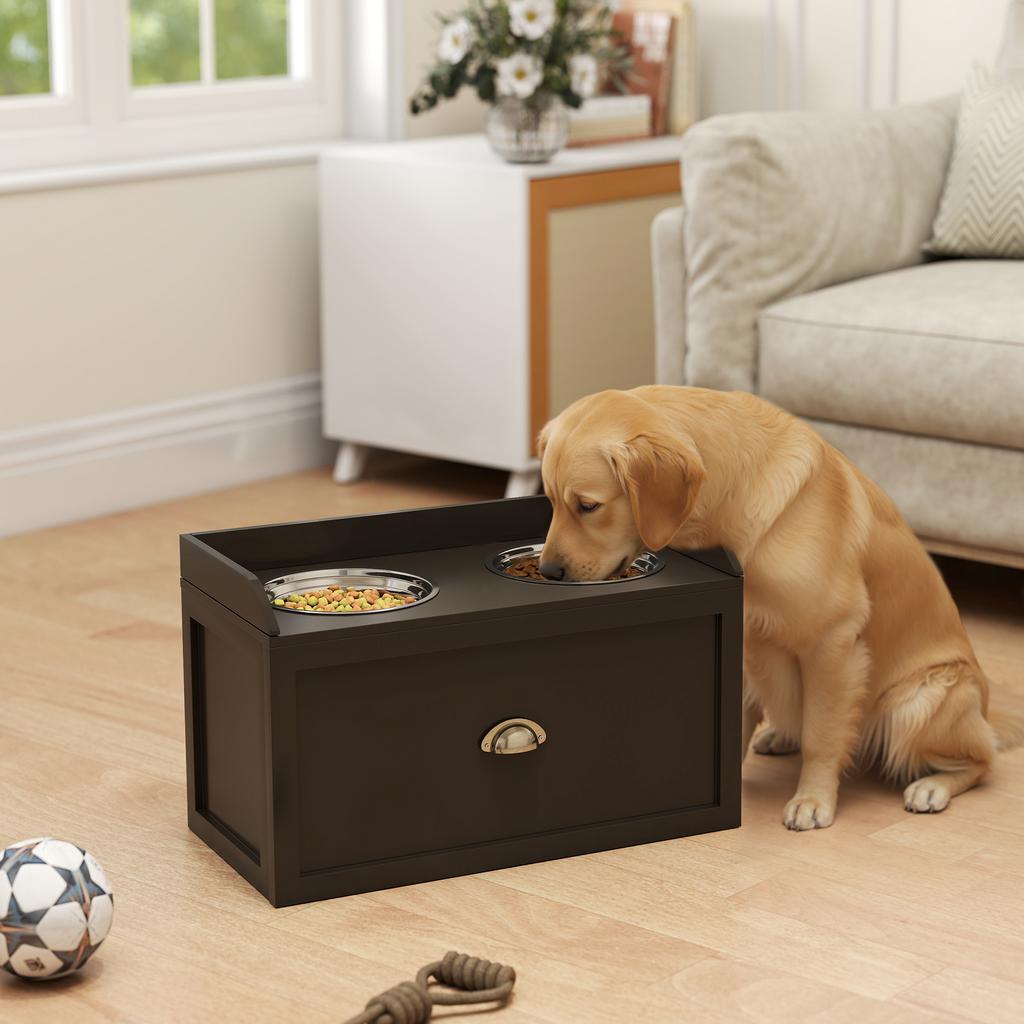 Elevated Dog Bowls, 2-in-1 Bowl Holder Storage, Drawer, 2 Bowls, 60 x 30 x 36 cm, Coffee Brown