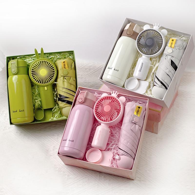 Summer Gift Set Includes Insulated Stainless Steel Water Bottle Mini Fan Upf50 Sun Umbrella For Birthday Gifts Summer Activities