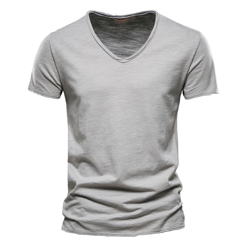Herren Sommer V-Ausschnitt T-Shirt - Reine Baumwolle Slub, Unifarbe, Kurzarm