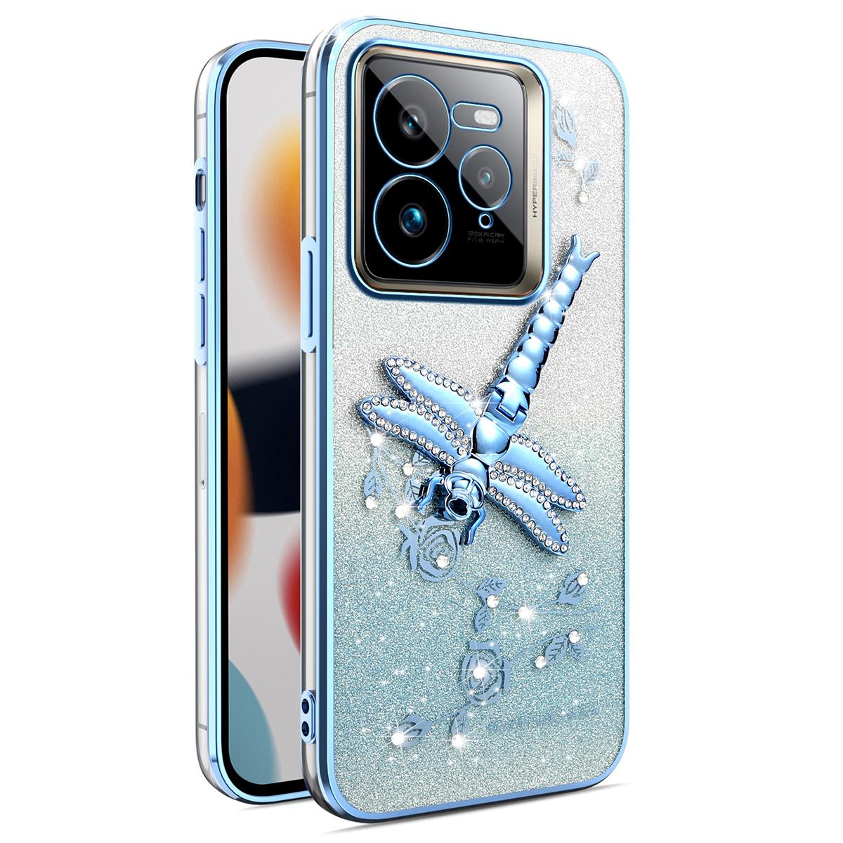 

KADEM For Realme GT 7 Pro 5G Case Dragonfly Kickstand TPU Flowers Glitter Phone Cover Blue