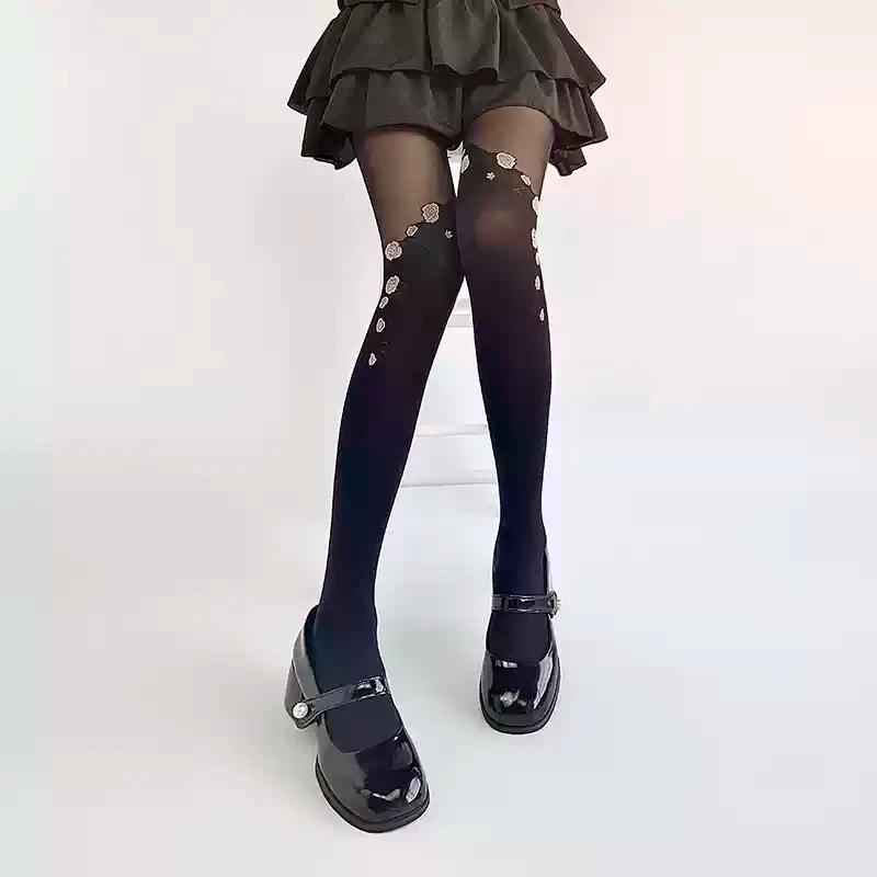 Damenstrumpfhosen Rosa Rose Gespleißte Strümpfe Lolita Beige Satin Ballett Stil Sommer Sexy Dünn Niedlich Süß Spitze Gespleißte Leggings One Size black