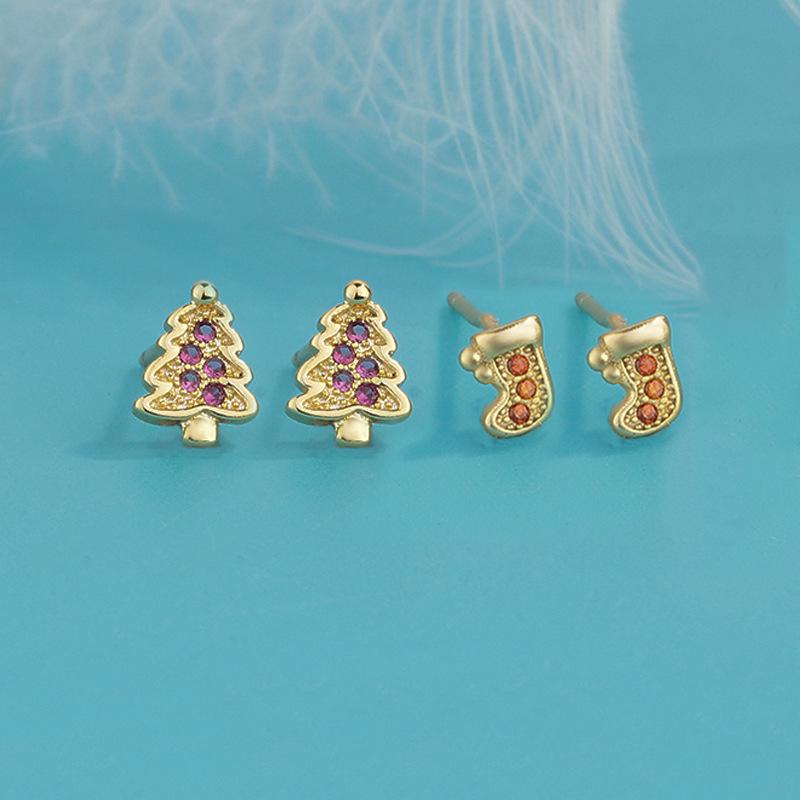 Runxin Red Christmas Stocking Rhinestone Tree Stud Earrings for Women – European & American Zircon Accessories for New Year & Holiday Celebrations.