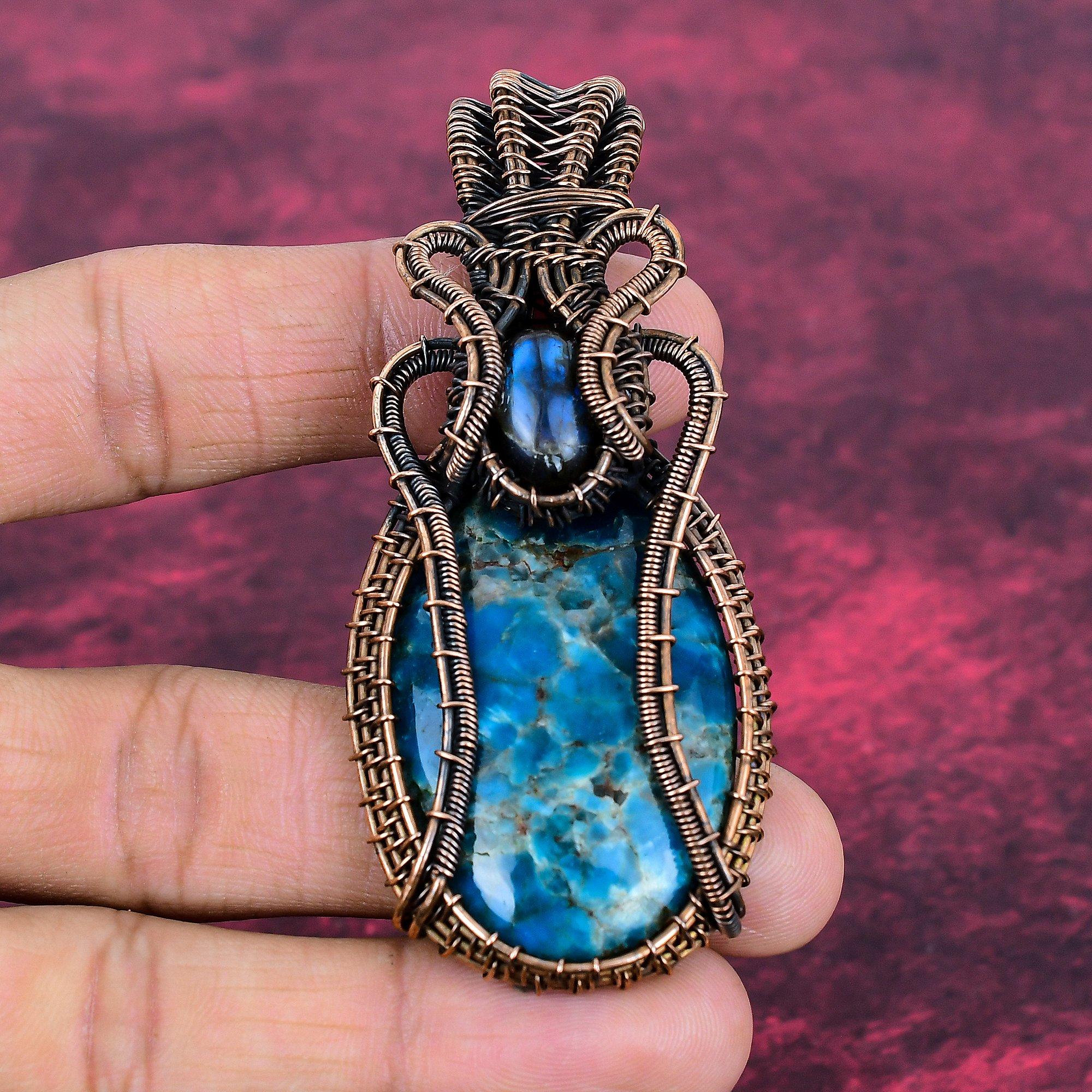 

Neon Apatite Pendant Labradorite Pendant Gemstone Jewelry Copper Wire Wrapped Pendant