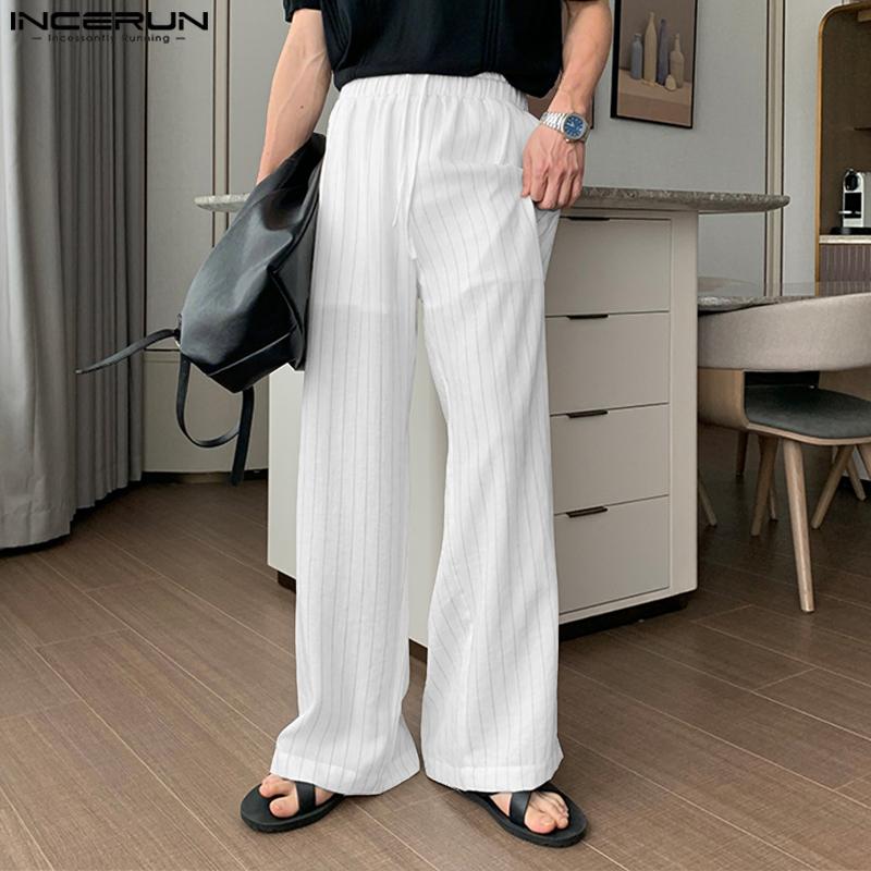 INCERUN 2PCS Men Tie Up Neck Short Sleeve Shirt Long Straight Pants Striped Sets