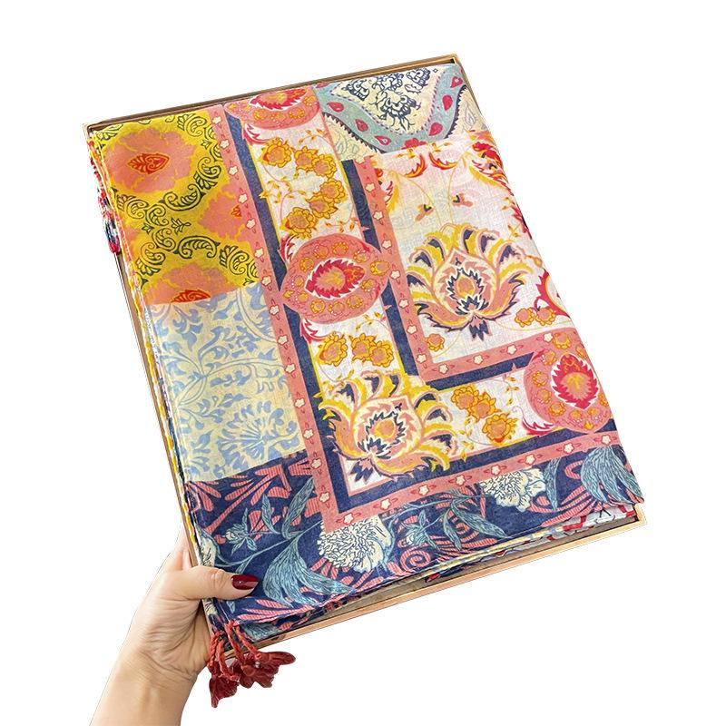 Ethnic Style Cotton-Linen Long Scarf Shawl for Women, Dual-Purpose with Tassel Pendant