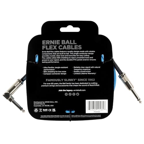 Genuine Ernie Ball 6464 Flex Instrument Cable, 10 Feet, 3.04m, S-L Shape, Blue