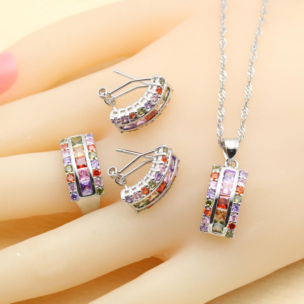 Shining Multicolor Zirconia   Jewelry Sets For Women Wedding Earrings Bracelet Rings Necklace Pendant Best Party Gift