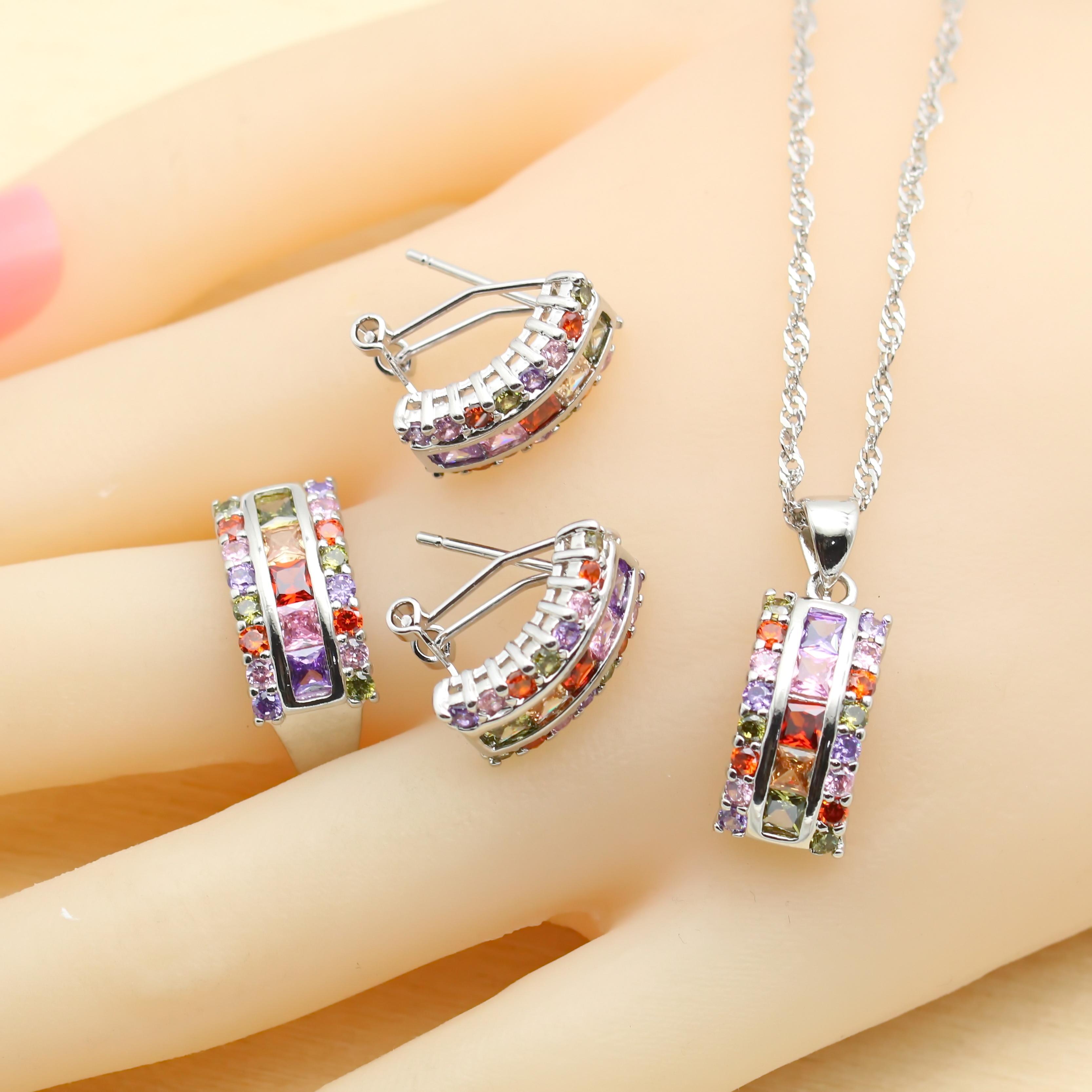 

Shining Multicolor Zirconia Jewelry Sets For Women Wedding Earrings Bracelet Rings Necklace Pendant Best Party Gift 7