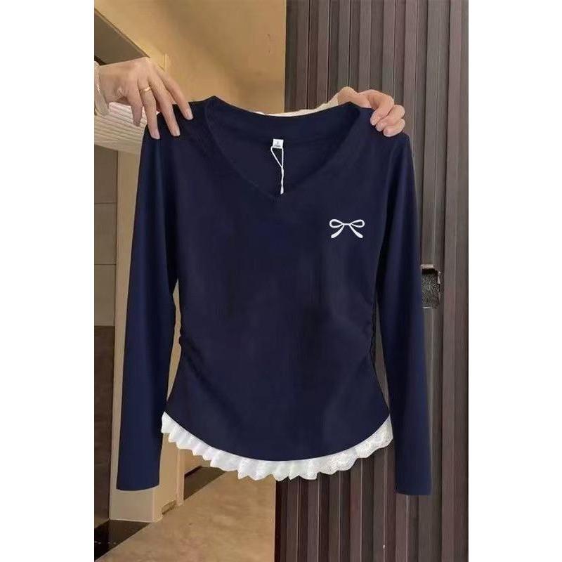 Süßes Würziges Milchblaues Langarm-T-Shirt für Damen Frühling Herbst Neu Taillenbetont Schickes Oberteil