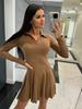 Elegant Autumn Lapel Long Sleeve High Waist Ruffle Hem Slim Pleated Short Comfortable Lightweight Recognition Elegant with Flattering Chic Dress