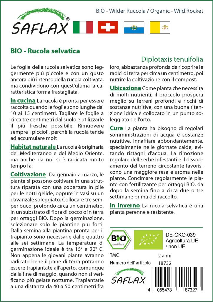 SAFLAX Garden In the Bag - Organic - Wild Rocket - 1500 Seeds - With Substrate In a Fitting Stand Up Bag - Diplotaxis Tenuifolia