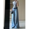 Women's Extra Long Light Blue Wide Leg Jeans - High Waist, Loose, Slimming, Versatile, Drapey, Straight Leg, Floor Length.
