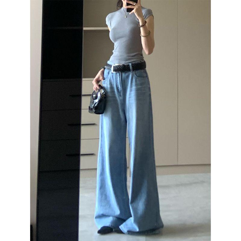Women's Extra Long Light Blue Wide Leg Jeans - High Waist, Loose, Slimming, Versatile, Drapey, Straight Leg, Floor Length.