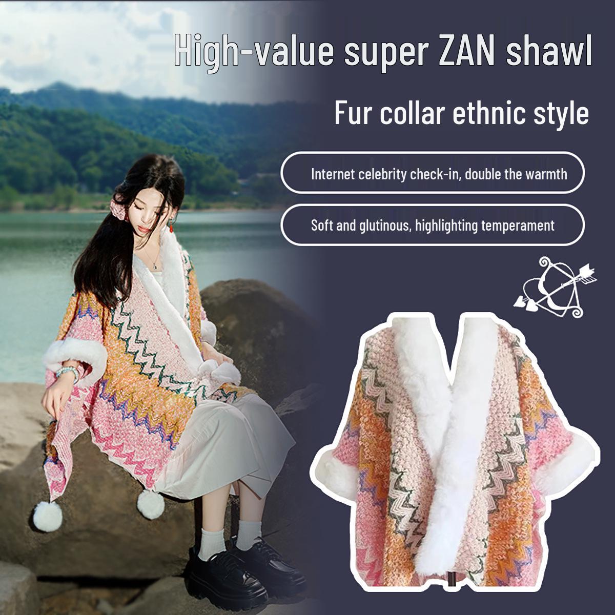 

Ethnic Style Faux Fur Shawl Poncho with Sleeves - Women s Thickened Yunnan Travel Scarf світло-рожевий колір