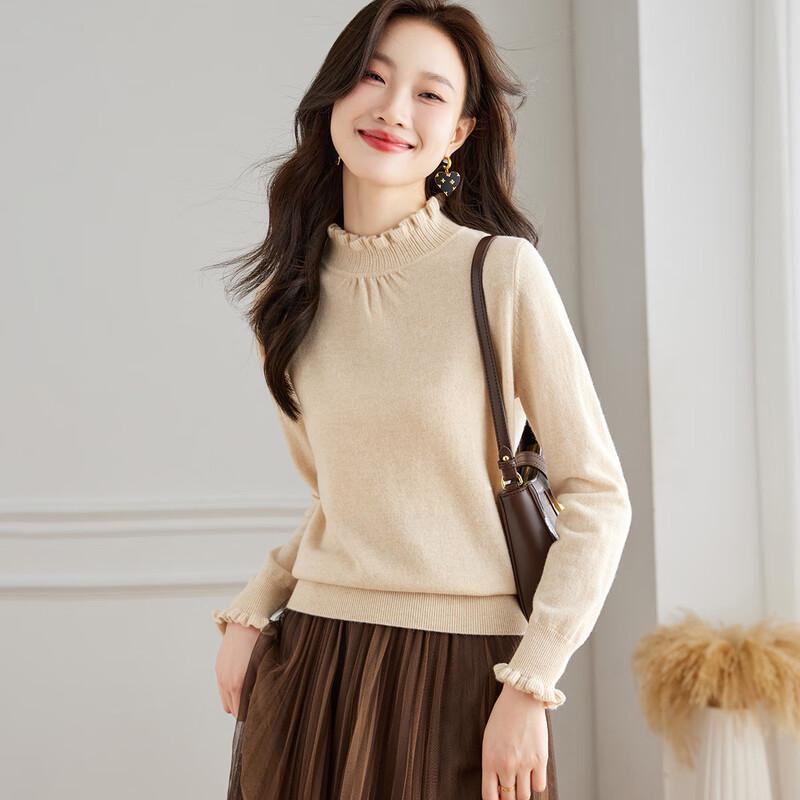 Women's Pure Wool Ruffle Half-Turtleneck Sweater