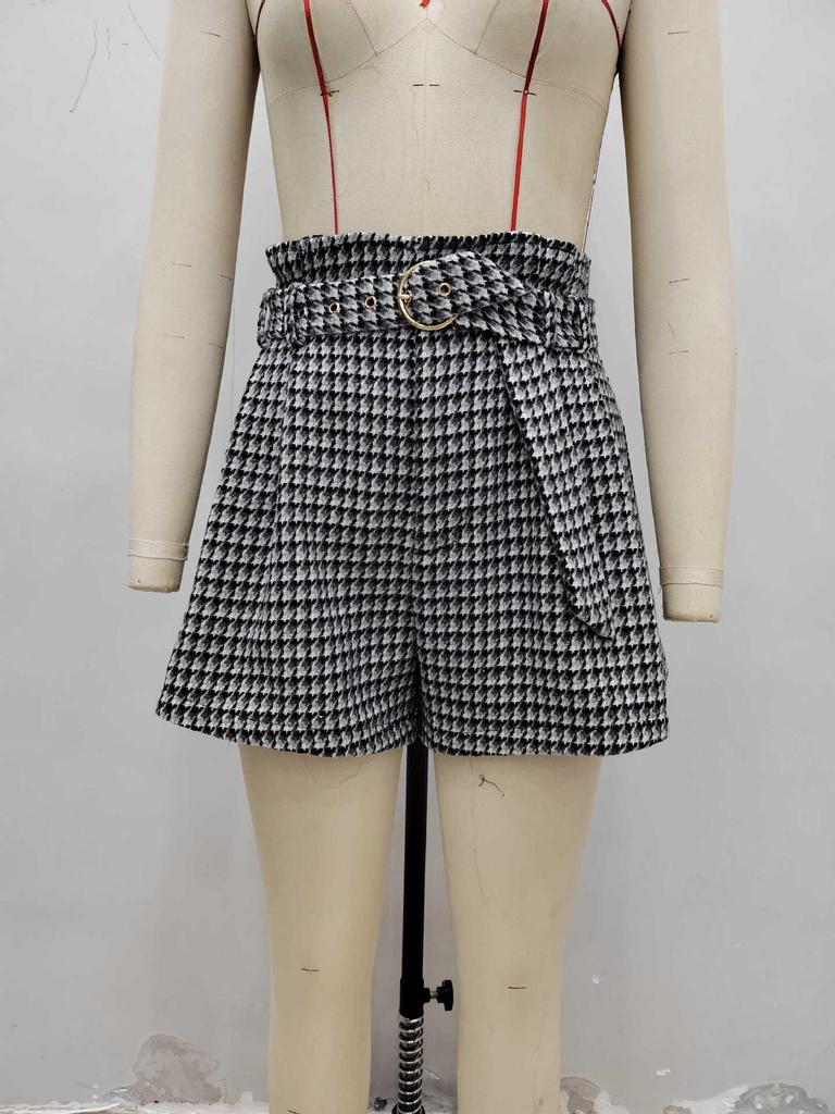 European & American Houndstooth High-Waist Belted Slimming Women's Autumn/Winter Shorts