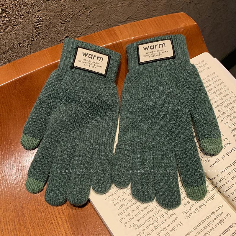 

Зеленые вязаные шерстяные перчатки для женщин на зиму Корейская версия Утепленные Теплые Защита от холода для езды на велосипеде Пятипалые Сенсорные Пальцы Разделенные Пальцы Зимние One size