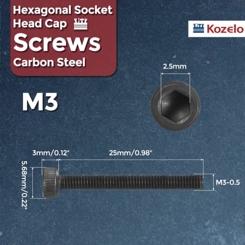 Kozelo 50pcs M3 X 25mm Alloy Steel Hex Socket Head Cap Bolts, Fully Threaded, Black Oxide Coated, Grade 12.9, Internal Hex Thread, for 3D Printers, Fu