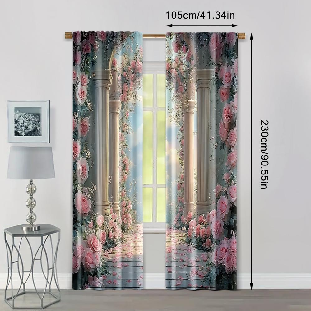 2pc,  Romantic Valentine's Day Party Window Curtains Fresh and colorful rose Versatile Fabric,Without Electricity Spring Party &