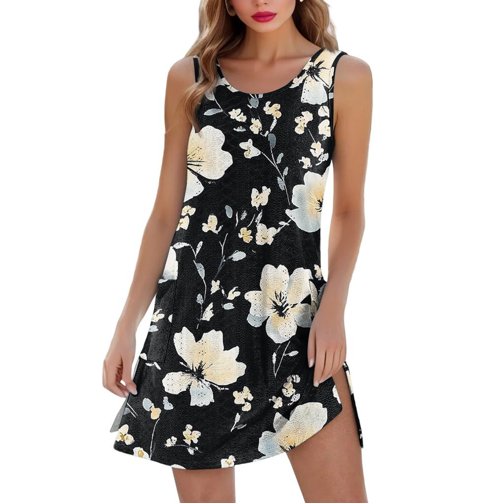 Women's Casual Fashion Floral Print Vest Dress With Pockets