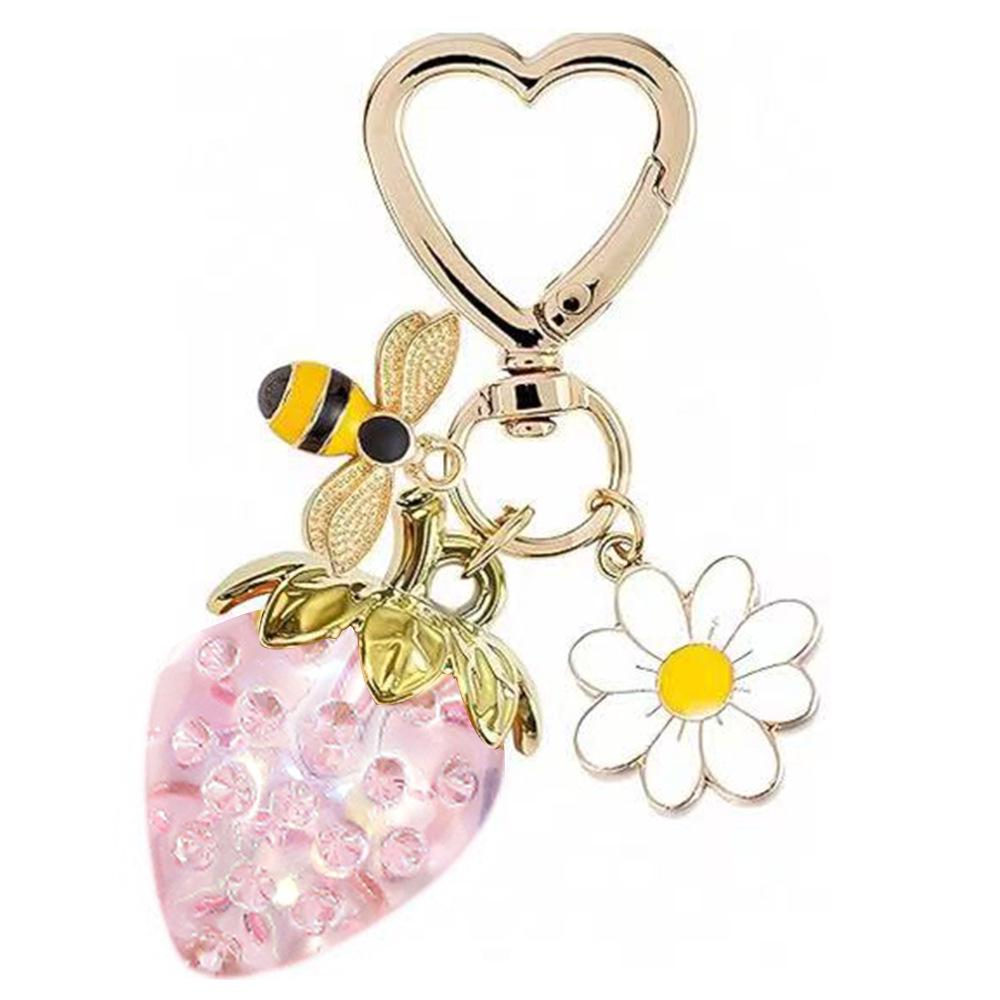 Peach Heart Strawberry Flower Keychain - Heart-Shaped Bag or Car Pendant
