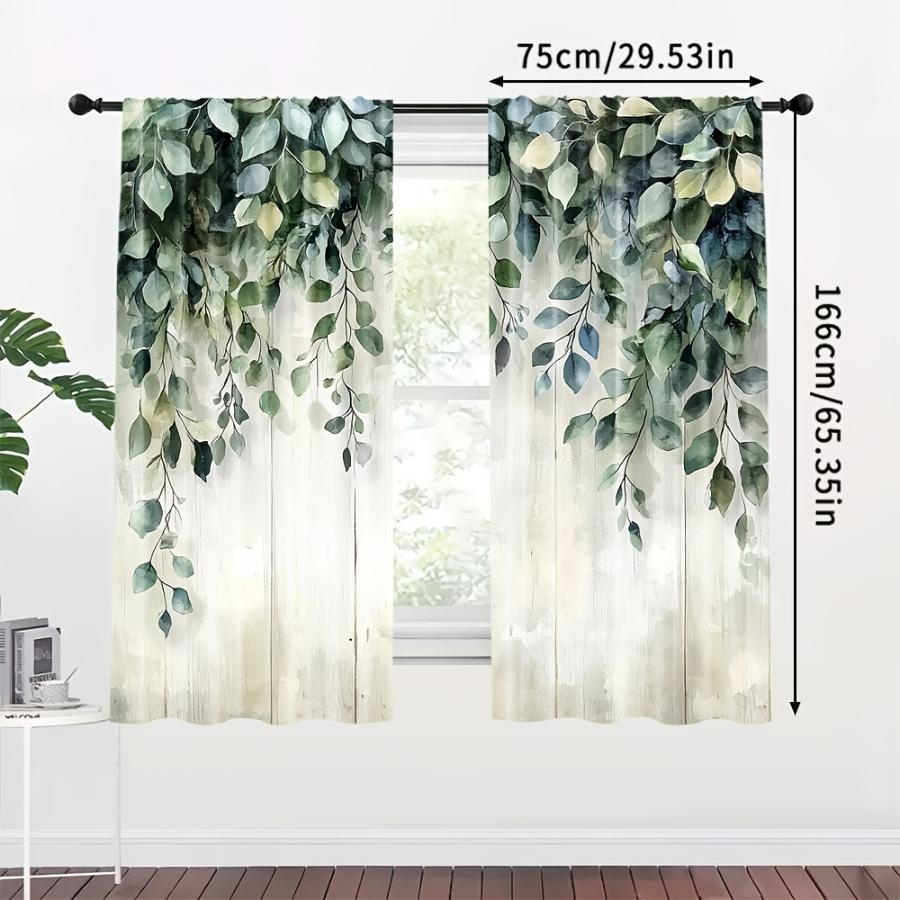 2PCS Digital Printed Curtains with Green Eucalyptus Design, Stylish Window Drapes for Living Room Bedroom Home Decoration