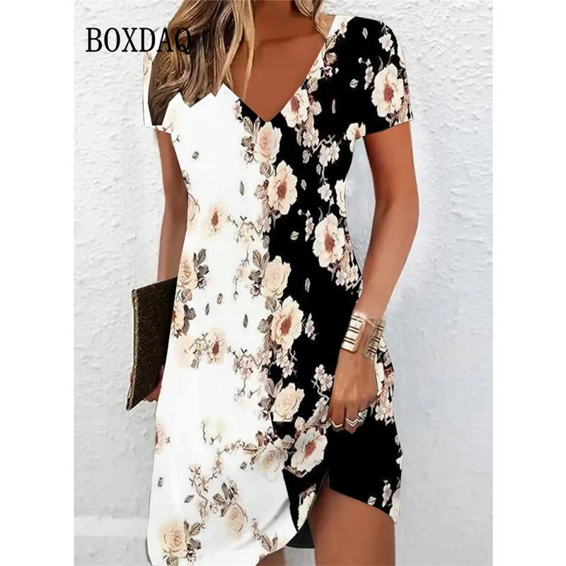Vintage Women Midi Dresses For Ethnic Style Floral Print Loose Dress Plus Size Casual Short Sleeve Pullover V-Neck Dress