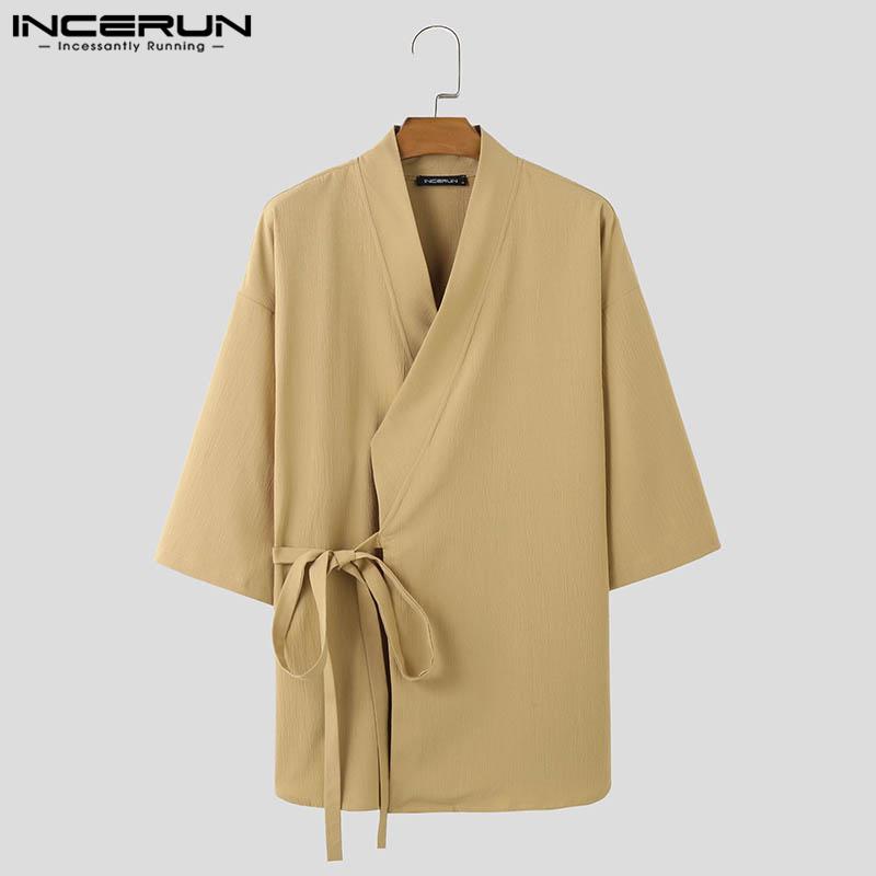 INCERUN Hauts à manches 3/4 pour hommes, chemises kimono amples et décontractées à lacets sur le devant