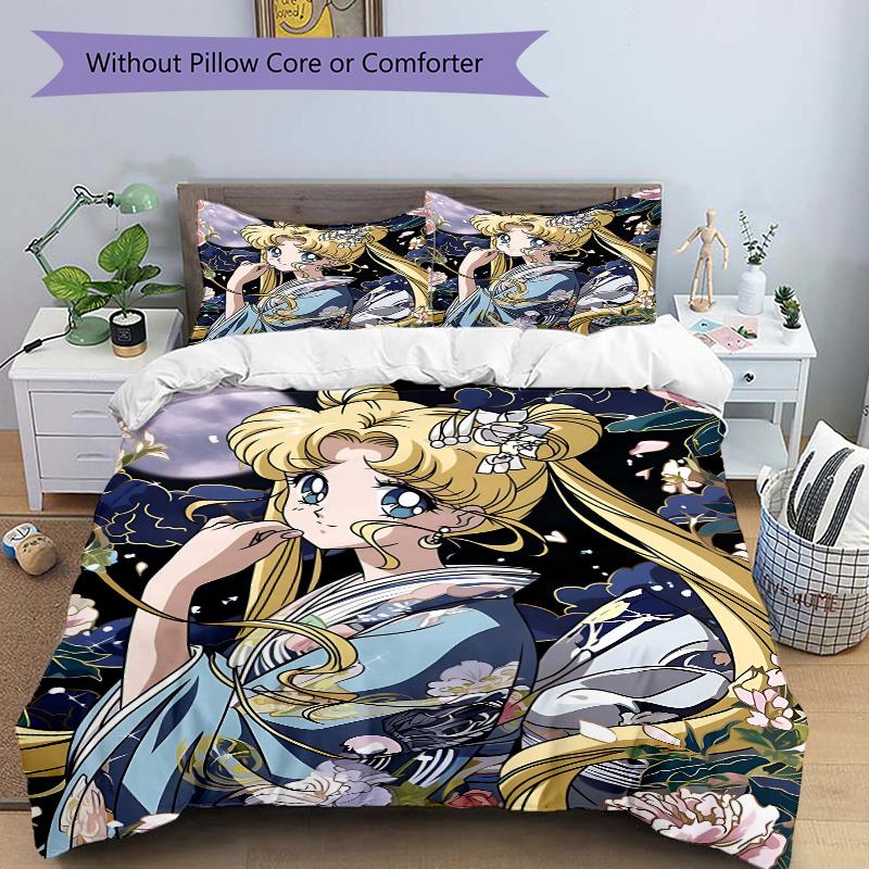 

3pcs Sailor Moon s Grace and Floral Elegance Print Cover Set Ultra Soft, Breathable, and Comfortable Bedding with Stylish Design for Bedroom and 135x200cm