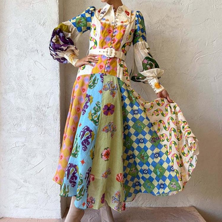 Spring Women Long Sleeve Dress Lantern Sleeve Lapel Waist Swing Printed European American Style S