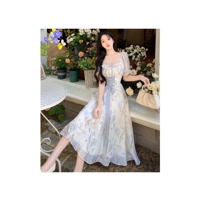 French Romantic Floral Print Plus Size Blue Dress - Lace-up Waist, Elegant Square Neck, Summer Ditsy Floral. L