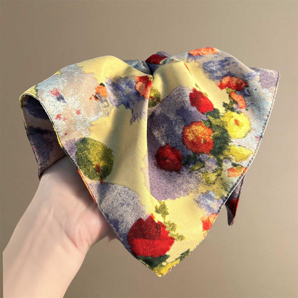 New oil painting style square scarf scrunchie, women s hair tie, ponytail holder, high-end and effortless style hair tie.