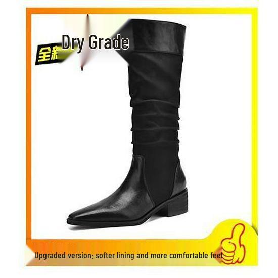 2025 Autumn Retro Chunky Heel Women's Knight Boots - Pointed Toe, Ruched Slouch, English Western Style High Boots
