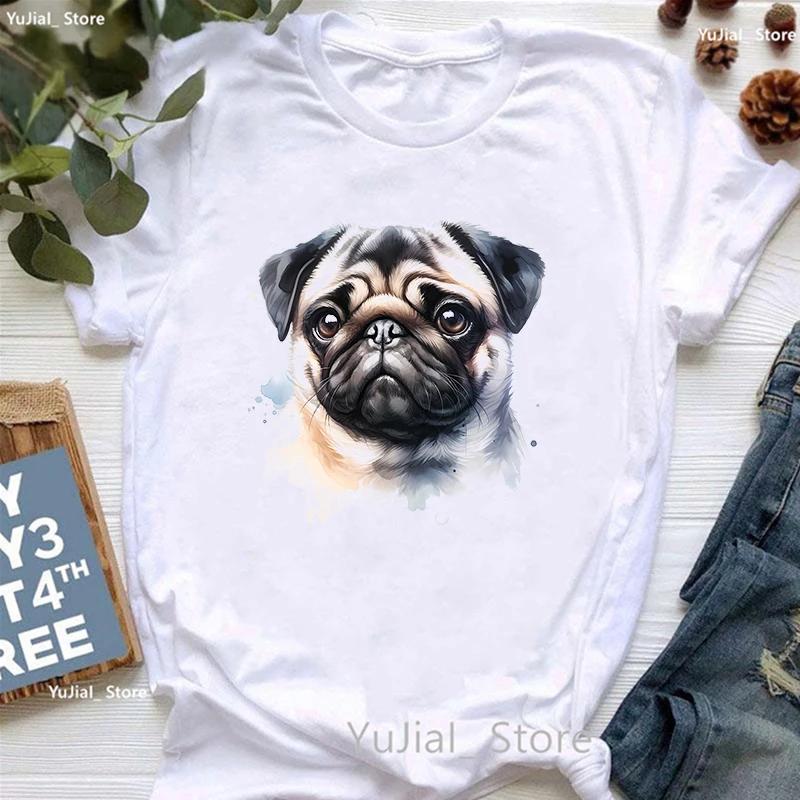 Watercolor Pug Dog Animal Printed T Shirt Unisexs Clothing Funny White Tshirt Femme Summer Tops Short Sleeve Tshirt Female