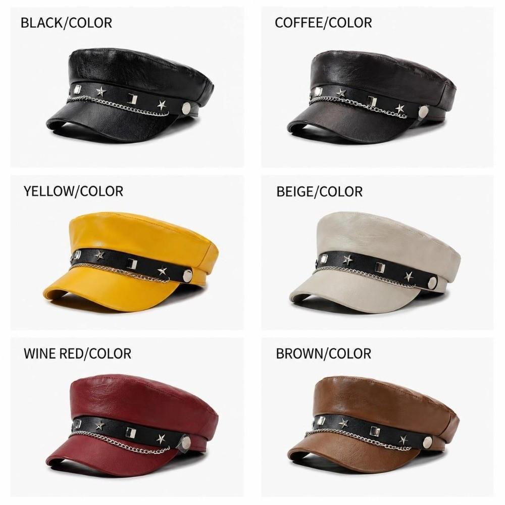 Skórzana czapka typu Baker Boy z metalowym łańcuszkiem Płaska czapka Beret w stylu vintage Czapka do noszenia na co dzień
