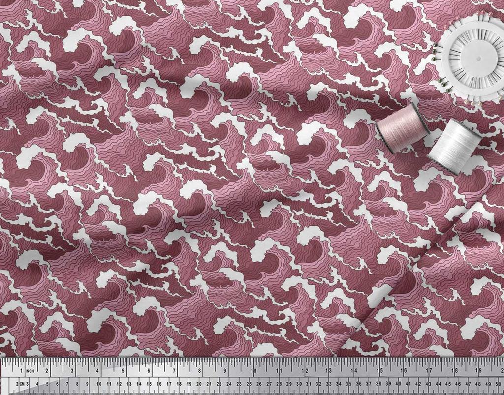 Soimoi Japan Crepe Satin Fabric Waves Shirting Decor Fabric Printed Metre 42 Inch