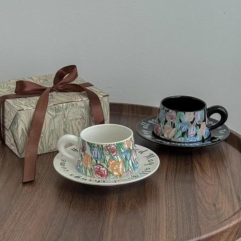 Retro Watercolor Floral Ceramic Mug & Iris Flower Cup Set