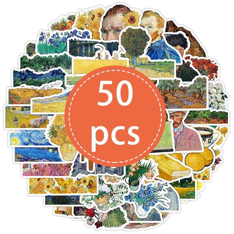 50PCS Retro Famous Art Painting Stickers Pack Van Gogh Oil Painting Style Vinyl Waterproof Decals Laptop Water Bottles Bicycle