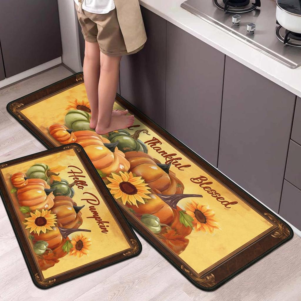 Thanksgiving Kitchen Mat Autumn Pumpkin Oil-Absorbing Dirt-Resistant Non-Slip Floor Mat Porch Easy To Take Care Of Foot Mat