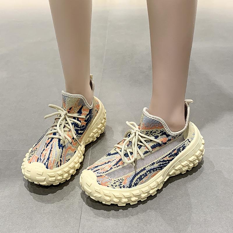Spring/Autumn New Round Head Thick Sole Increase Shock Absorption Vulcanized Shoes Mesh Surface Breathable Fresh Walking Shoes