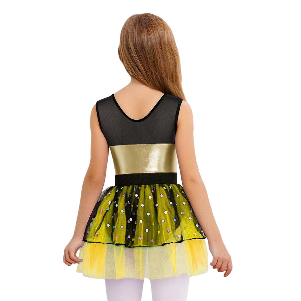 Sparkling Metallic Tutu Dress for Kids Girls: Sheer Mesh Patchwork Bodice with Tulle Skirt & Headpiece for Competition & Recital