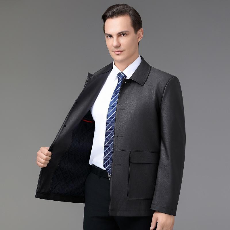 

Новые осенние и зимние куртки из овчины для мужчин, повседневные однотонные кожаные куртки для людей среднего возраста, модные мужские куртки с воротником-стойкой 195