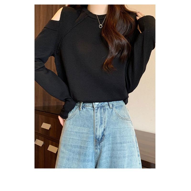 Women's Spring Autumn New Design Sense Slimming Off Shoulder Knitwear Sweater Basic Layering Top